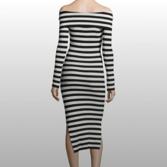 Milly Black & White Stripe Off The Shoulder Bodycon Side Split Midi Dress Size P - Picture 14 of 14